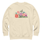 Bloom woodblock-style flowers with a butterfly, ladybug and bee on a crewneck sweatshirt in vintage white, front view – Kate Spain design