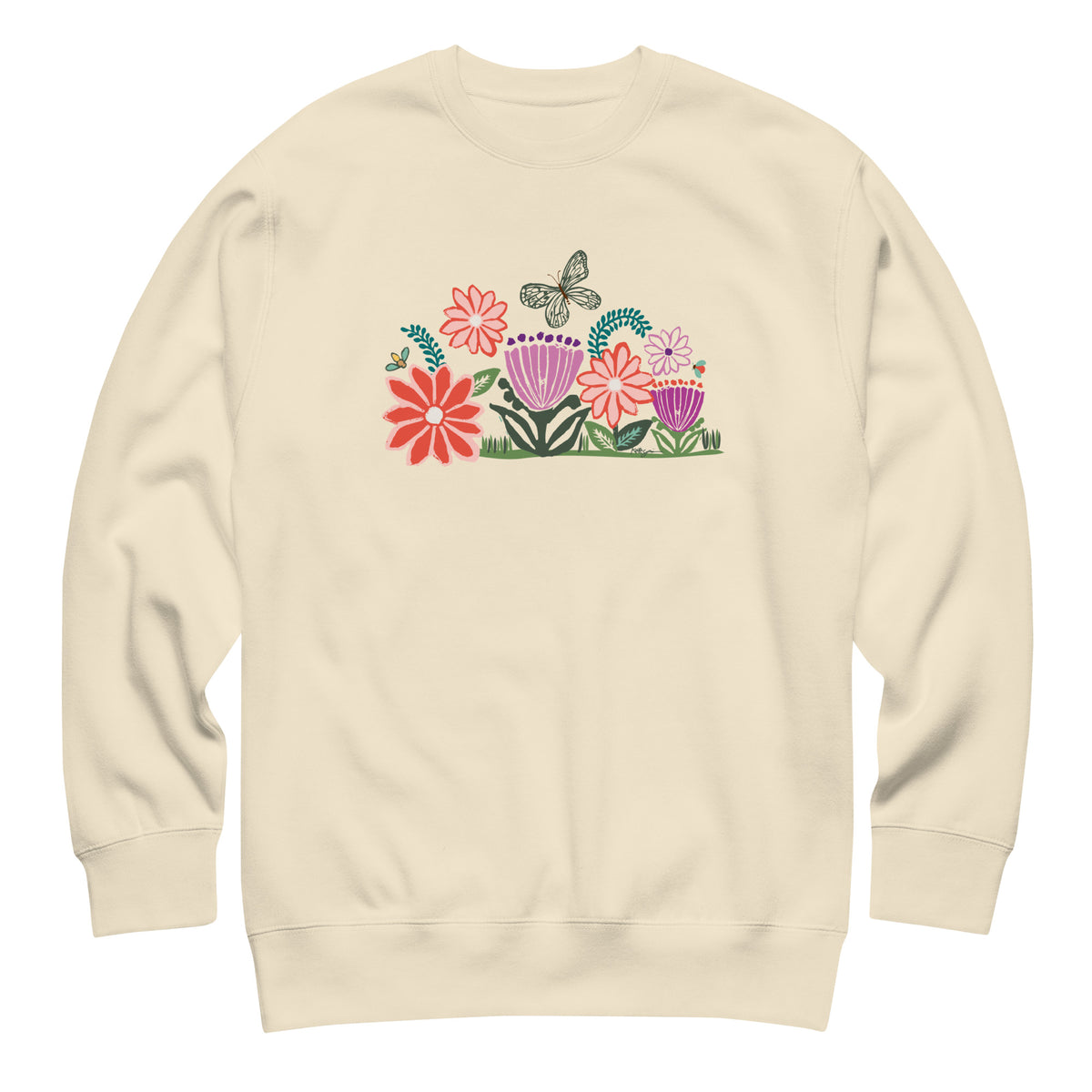 Bloom woodblock-style flowers with a butterfly, ladybug and bee on a crewneck sweatshirt in vintage white, front view – Kate Spain design
