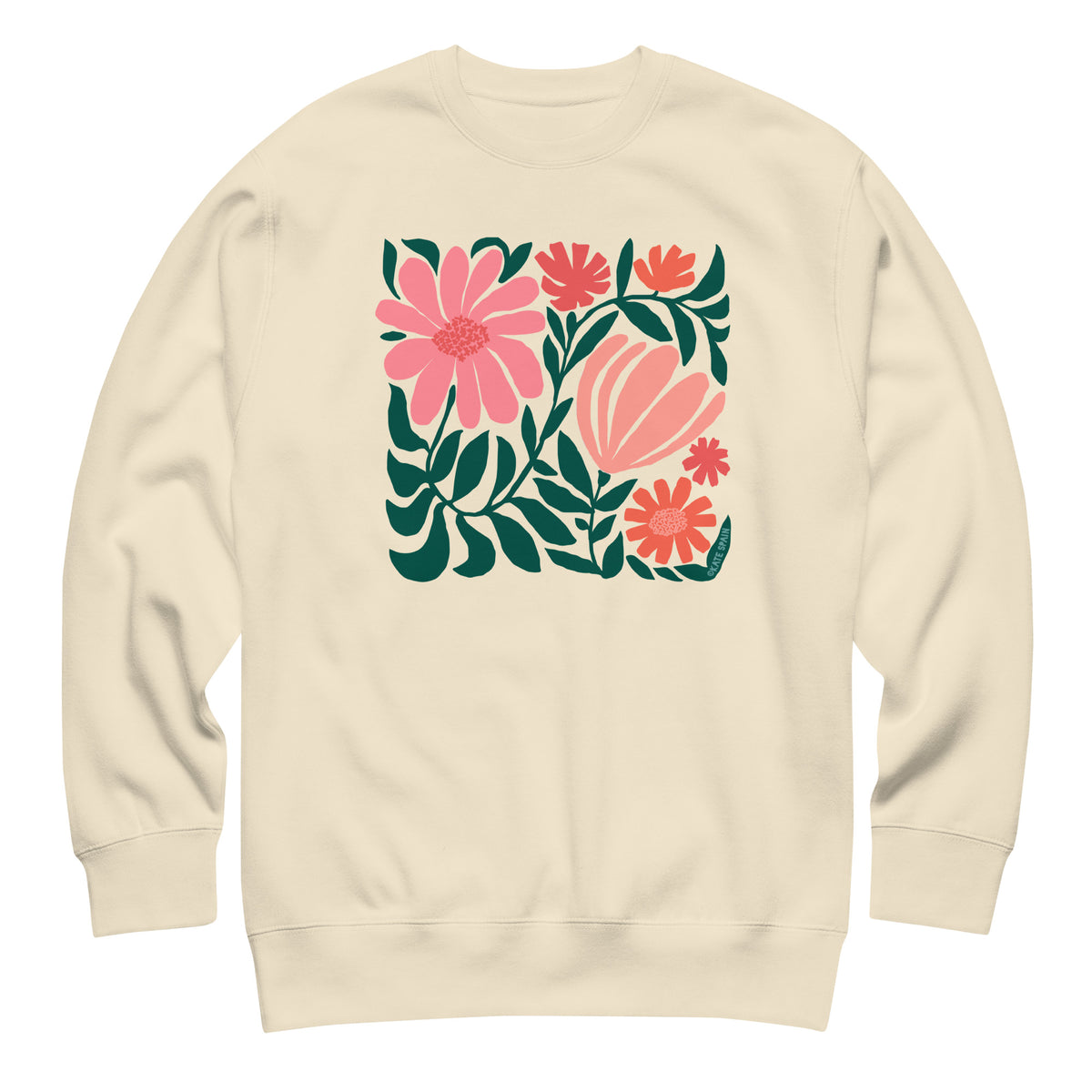 Botanica modern floral design with pink and coral blooms on a crewneck sweatshirt in vintage white, front view – Kate Spain design