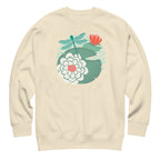 Dragonfly over water lilies and lily pads on a crewneck sweatshirt in vintage white, front view – Kate Spain design