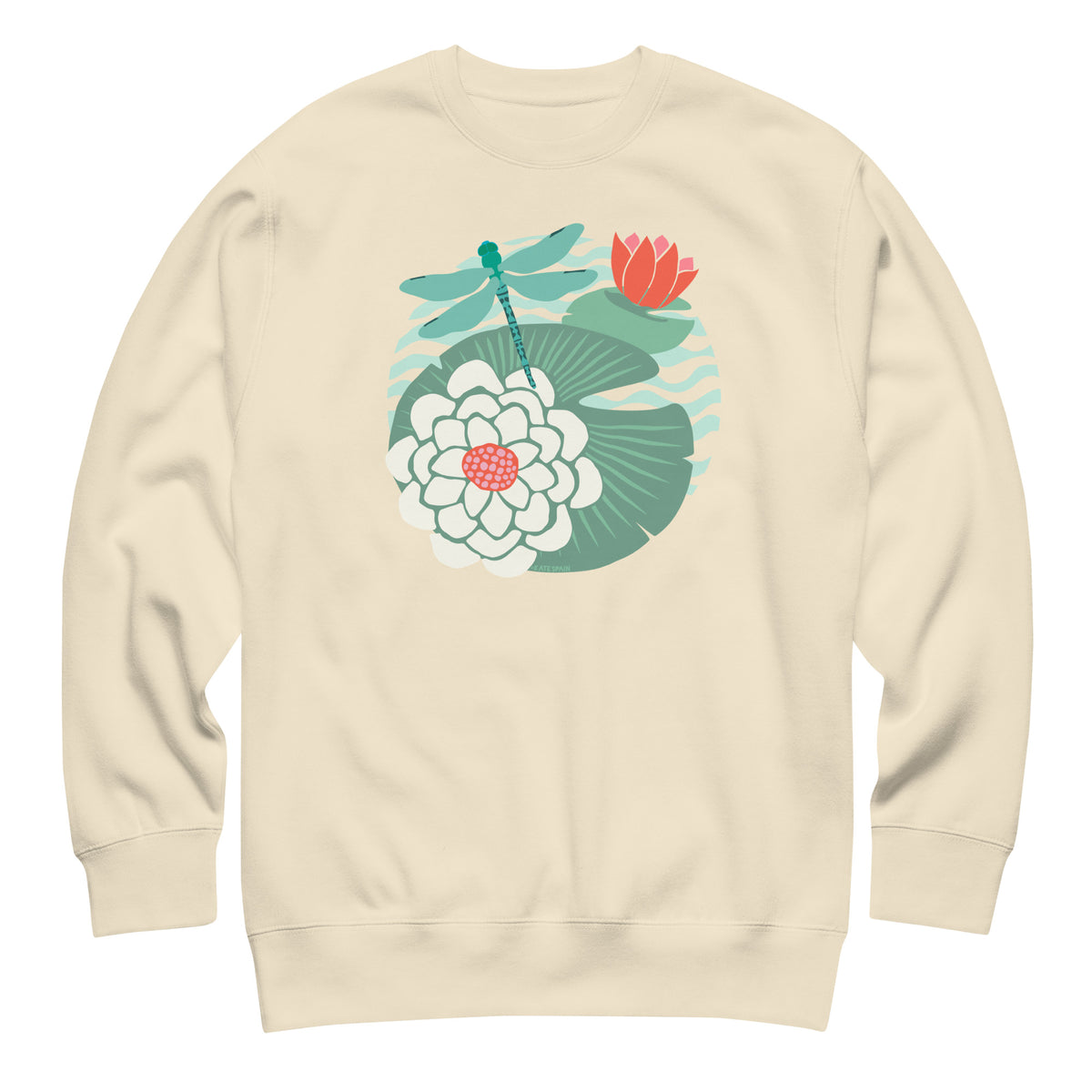 Dragonfly over water lilies and lily pads on a crewneck sweatshirt in vintage white, front view – Kate Spain design