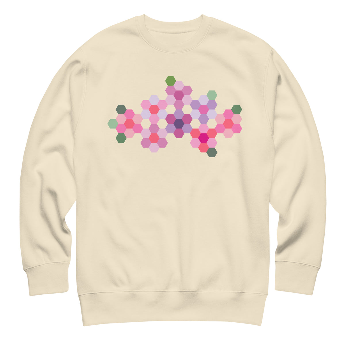 Pink GeoFlora hexagon flowers in pinks, mauves and sage on a crewneck sweatshirt in vintage white, front view – Kate Spain design for Pat Sloan