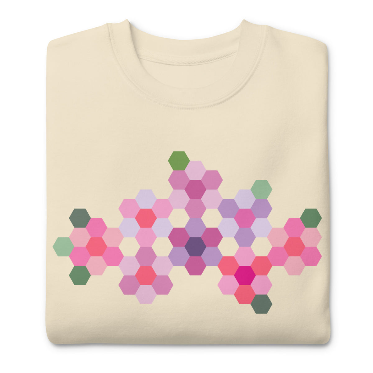 Pink GeoFlora hexagon flowers in pinks, mauves and sage on a crewneck sweatshirt in vintage white, folded close-up of the design – Kate Spain design for Pat Sloan