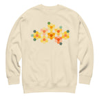 Yellow GeoFlora hexagon flowers in golden yellow, orange, coral and sage on a crewneck sweatshirt in vintage white, front view – Kate Spain design for Pat Sloan