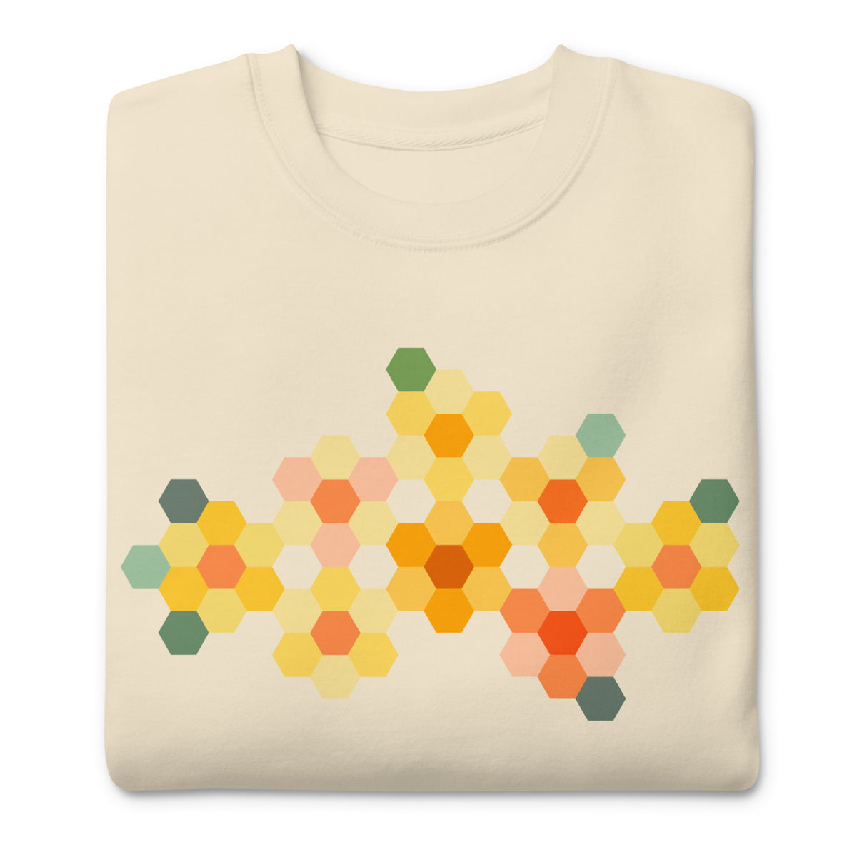 Yellow GeoFlora hexagon flowers in golden yellow, orange, coral and sage on a crewneck sweatshirt in vintage white, folded close-up of the design – Kate Spain design for Pat Sloan