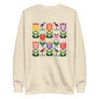 Birds + Blooms patchwork tulips and birds on a crewneck sweatshirt in vintage white, front view – Kate Spain design for Pat Sloan