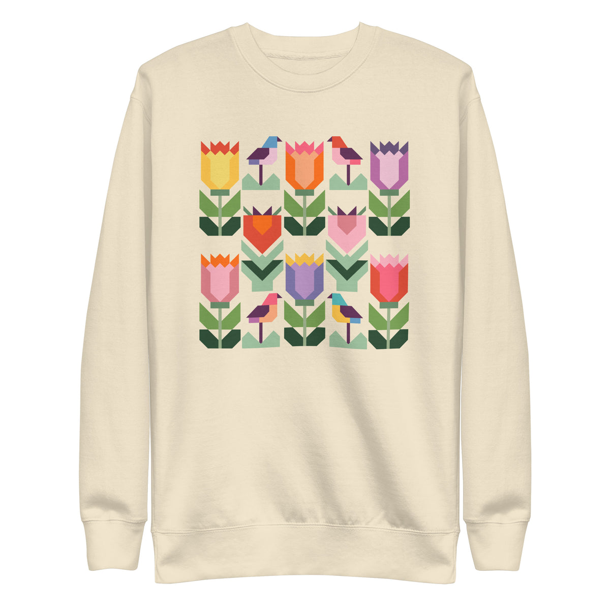 Birds + Blooms patchwork tulips and birds on a crewneck sweatshirt in vintage white, front view – Kate Spain design for Pat Sloan