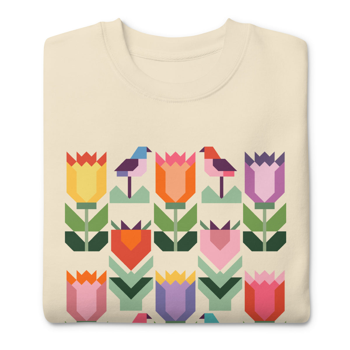 Birds + Blooms patchwork tulips and birds on a crewneck sweatshirt in vintage white, folded close-up of the design – Kate Spain design for Pat Sloan
