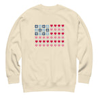 United We Quilt patchwork flag with quilt-block stars and heart stripes on a crewneck sweatshirt in vintage white, front view – Kate Spain design for Pat Sloan