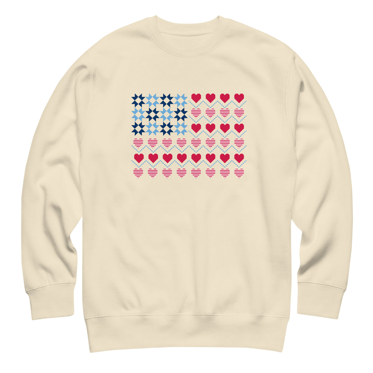 United We Quilt patchwork flag with quilt-block stars and heart stripes on a crewneck sweatshirt in vintage white, front view – Kate Spain design for Pat Sloan