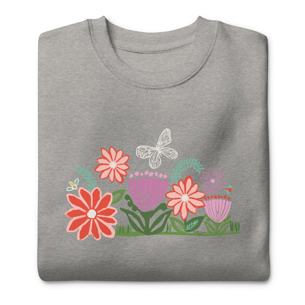Bloom woodblock-style flowers with a butterfly, ladybug and bee on a crewneck sweatshirt in athletic grey, folded close-up of the design – Kate Spain design