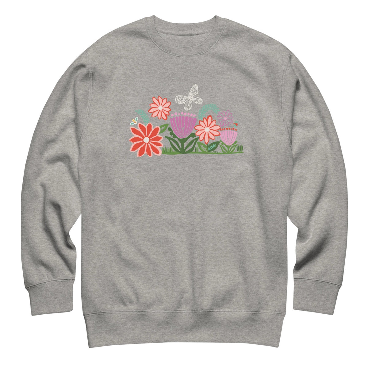 Bloom woodblock-style flowers with a butterfly, ladybug and bee on a crewneck sweatshirt in athletic grey, front view – Kate Spain design