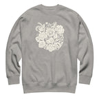 Meadowsweet woodblock-style bouquet of wildflowers on a crewneck sweatshirt in athletic grey, front view – Kate Spain design
