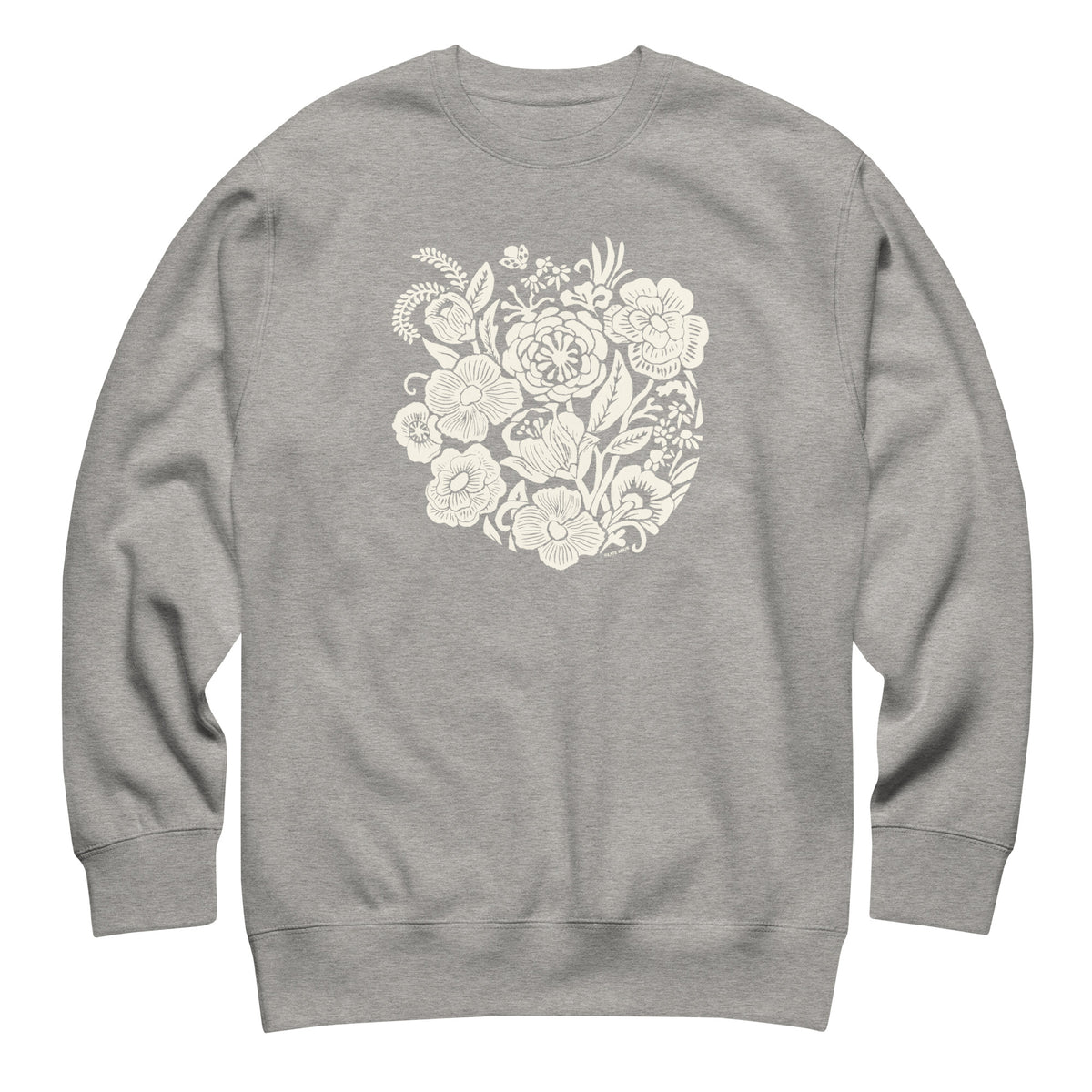 Meadowsweet woodblock-style bouquet of wildflowers on a crewneck sweatshirt in athletic grey, front view – Kate Spain design
