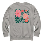 Botanica modern floral design with pink and coral blooms on a crewneck sweatshirt in athletic grey, front view – Kate Spain design
