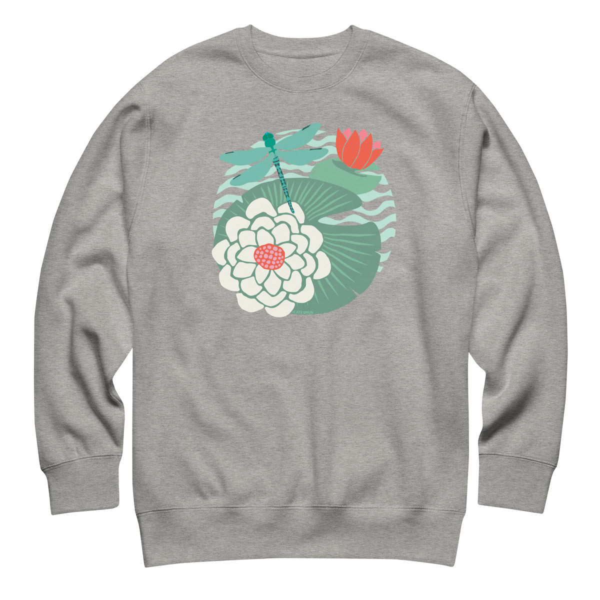 Dragonfly over water lilies and lily pads on a crewneck sweatshirt in athletic grey, front view – Kate Spain design