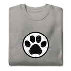 Law of the Paw® cat paw print on a crewneck sweatshirt in athletic grey, folded close-up of the design – Kate Spain design