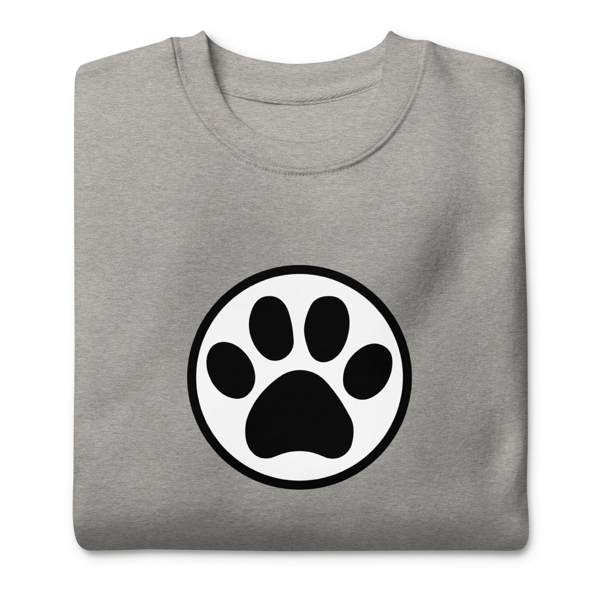 Law of the Paw® cat paw print on a crewneck sweatshirt in athletic grey, folded close-up of the design – Kate Spain design
