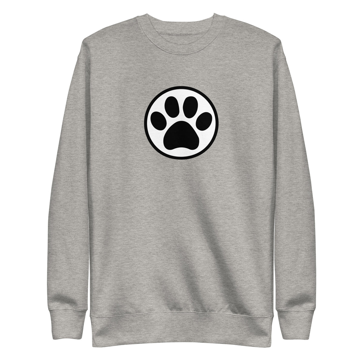 Law of the Paw® cat paw print on a crewneck sweatshirt in athletic grey, front view – Kate Spain design