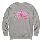 Pink GeoFlora hexagon flowers in pinks, mauves and sage on a crewneck sweatshirt in athletic grey, front view – Kate Spain design for Pat Sloan