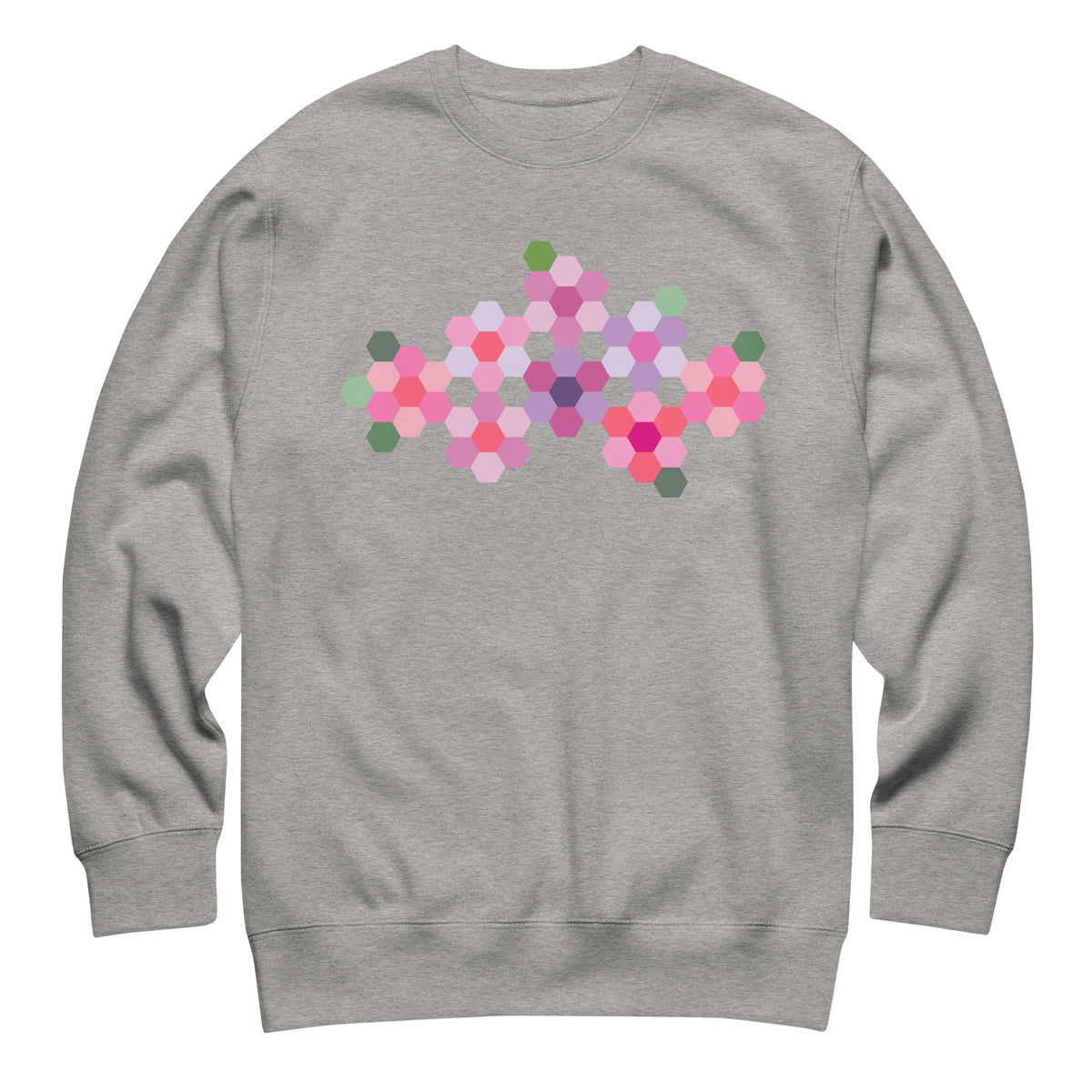 Pink GeoFlora hexagon flowers in pinks, mauves and sage on a crewneck sweatshirt in athletic grey, front view – Kate Spain design for Pat Sloan