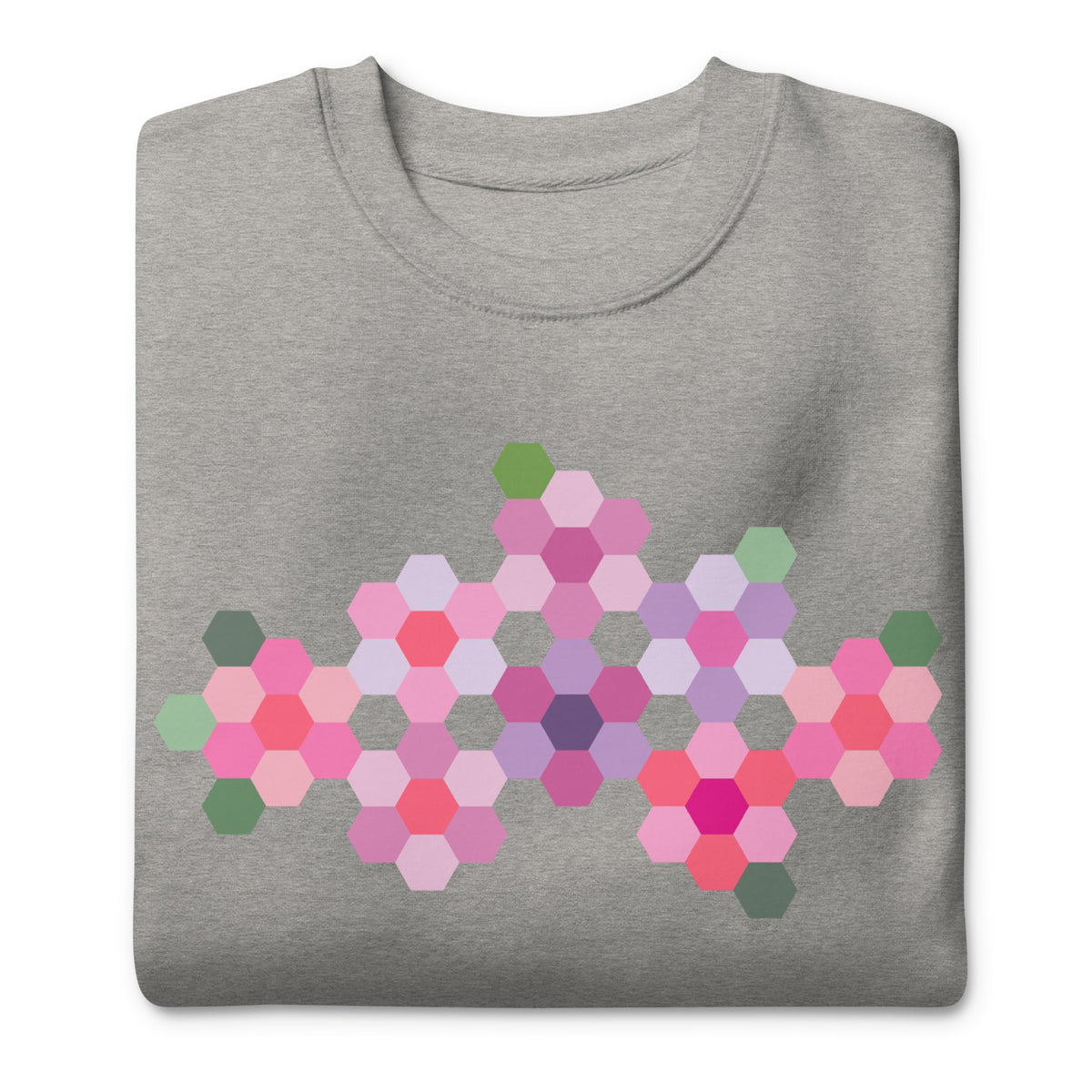 Pink GeoFlora hexagon flowers in pinks, mauves and sage on a crewneck sweatshirt in athletic grey, folded close-up of the design – Kate Spain design for Pat Sloan