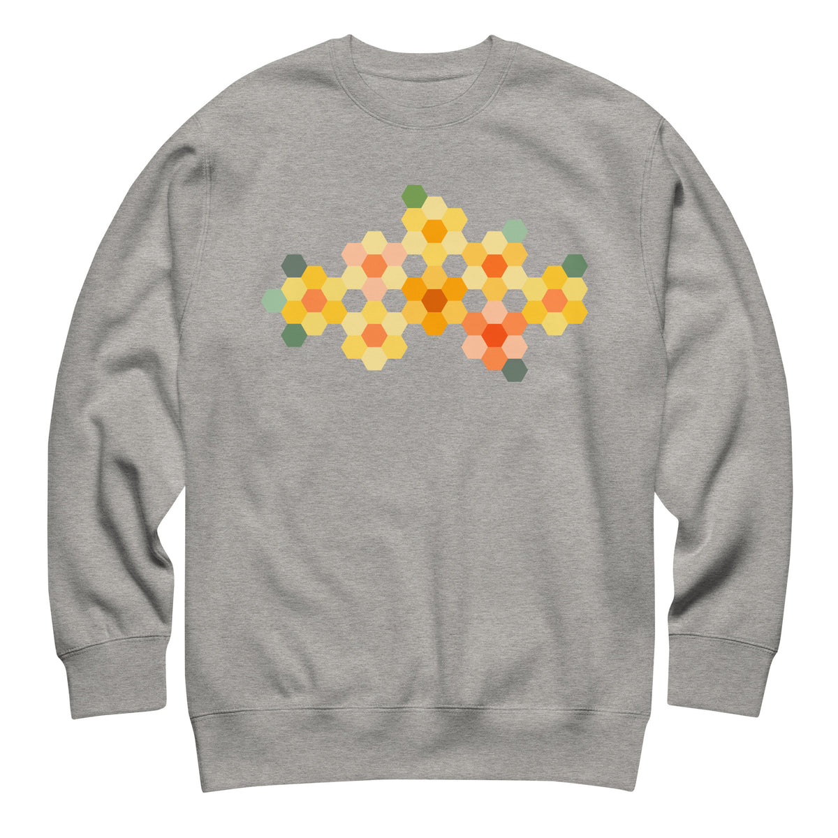 Yellow GeoFlora hexagon flowers in golden yellow, orange, coral and sage on a crewneck sweatshirt in athletic grey, front view – Kate Spain design for Pat Sloan
