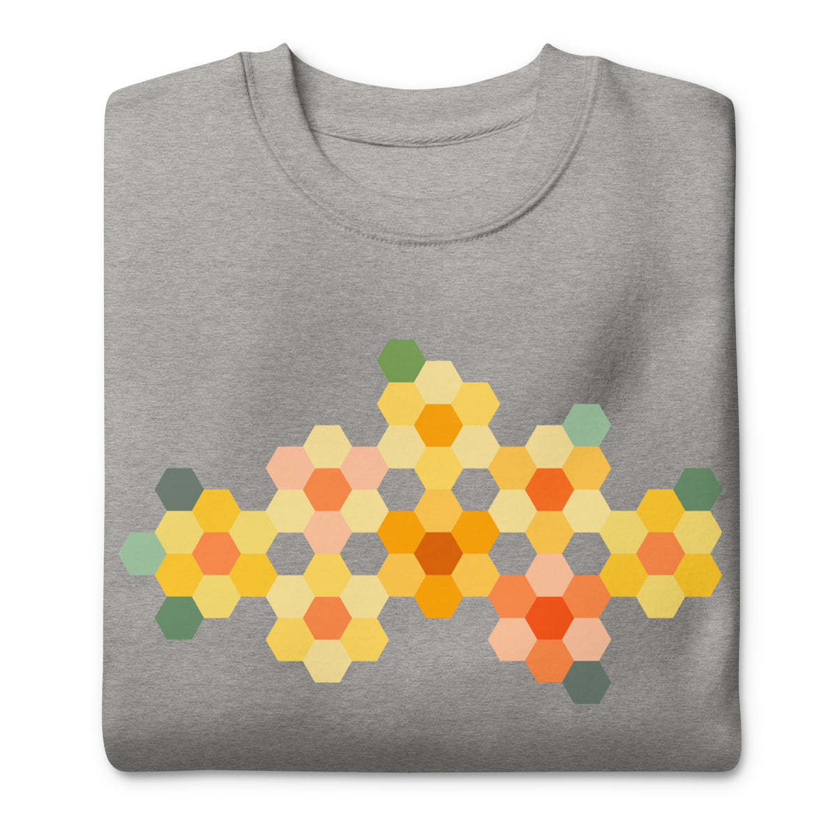 Yellow GeoFlora hexagon flowers in golden yellow, orange, coral and sage on a crewneck sweatshirt in athletic grey, folded close-up of the design – Kate Spain design for Pat Sloan