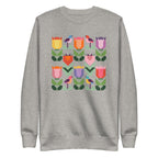 Birds + Blooms patchwork tulips and birds on a crewneck sweatshirt in athletic grey, front view – Kate Spain design for Pat Sloan