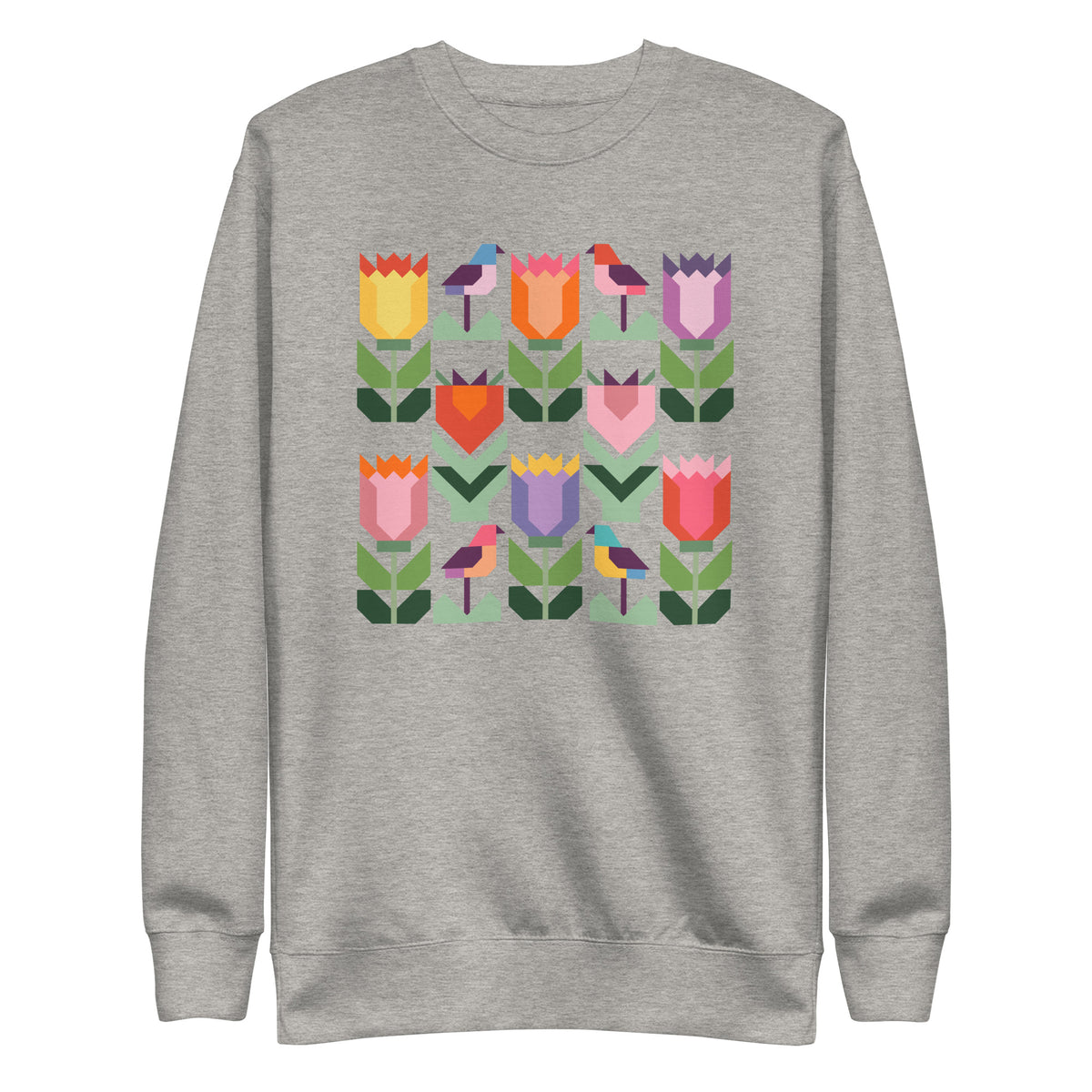 Birds + Blooms patchwork tulips and birds on a crewneck sweatshirt in athletic grey, front view – Kate Spain design for Pat Sloan