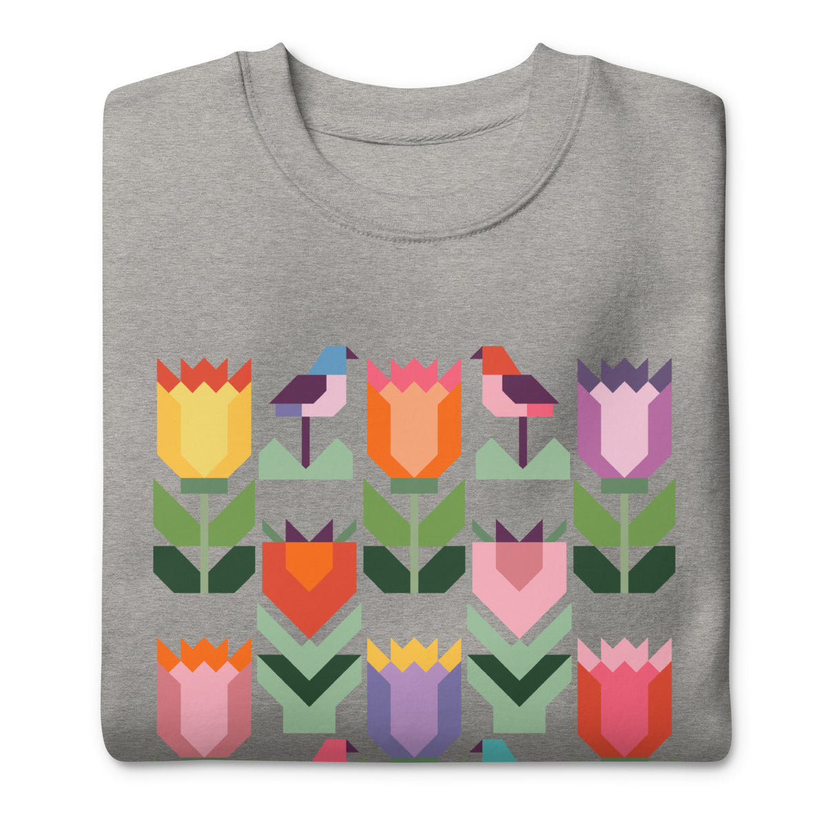 Birds + Blooms patchwork tulips and birds on a crewneck sweatshirt in athletic grey, folded close-up of the design – Kate Spain design for Pat Sloan