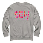 Sew Thankful patchwork lettering with a heart-topped thread spool on a crewneck sweatshirt in athletic grey, front view – Kate Spain design for Pat Sloan
