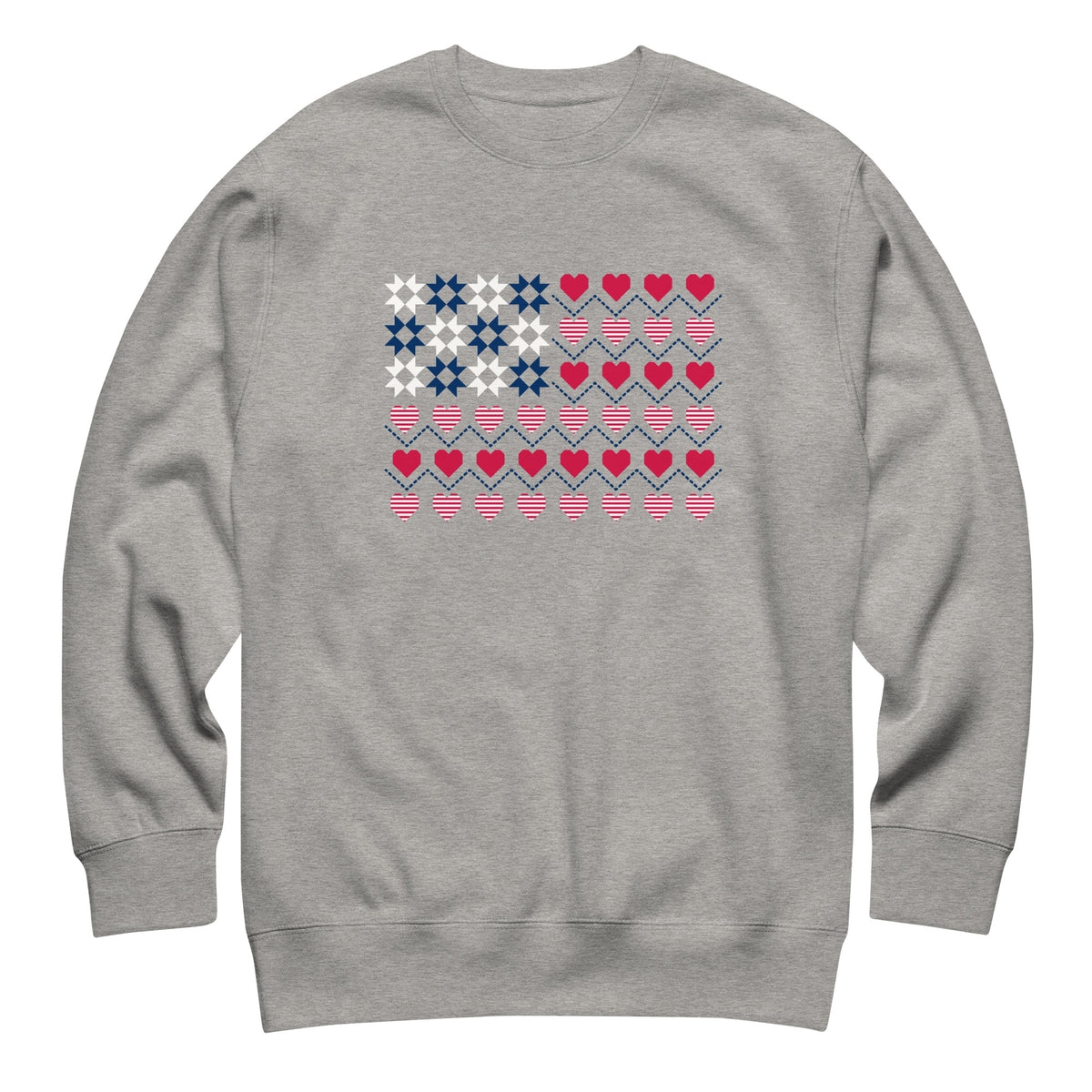United We Quilt patchwork flag with quilt-block stars and heart stripes on a crewneck sweatshirt in athletic grey, front view – Kate Spain design for Pat Sloan