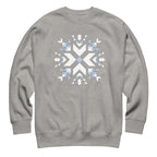 Let It Snow snowflake quilt block on a crewneck sweatshirt in athletic grey, front view – Kate Spain design for Pat Sloan