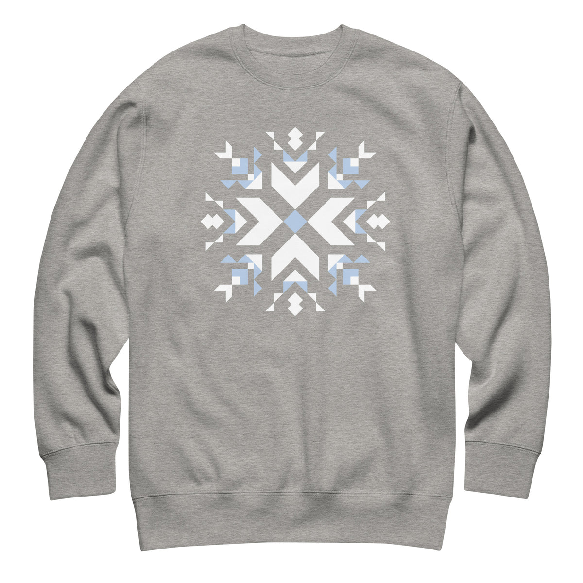 Let It Snow snowflake quilt block on a crewneck sweatshirt in athletic grey, front view – Kate Spain design for Pat Sloan
