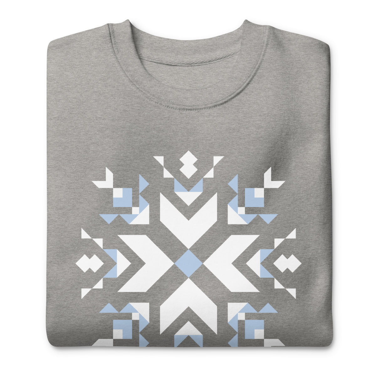 Let It Snow snowflake quilt block on a crewneck sweatshirt in athletic grey, folded close-up of the design – Kate Spain design for Pat Sloan