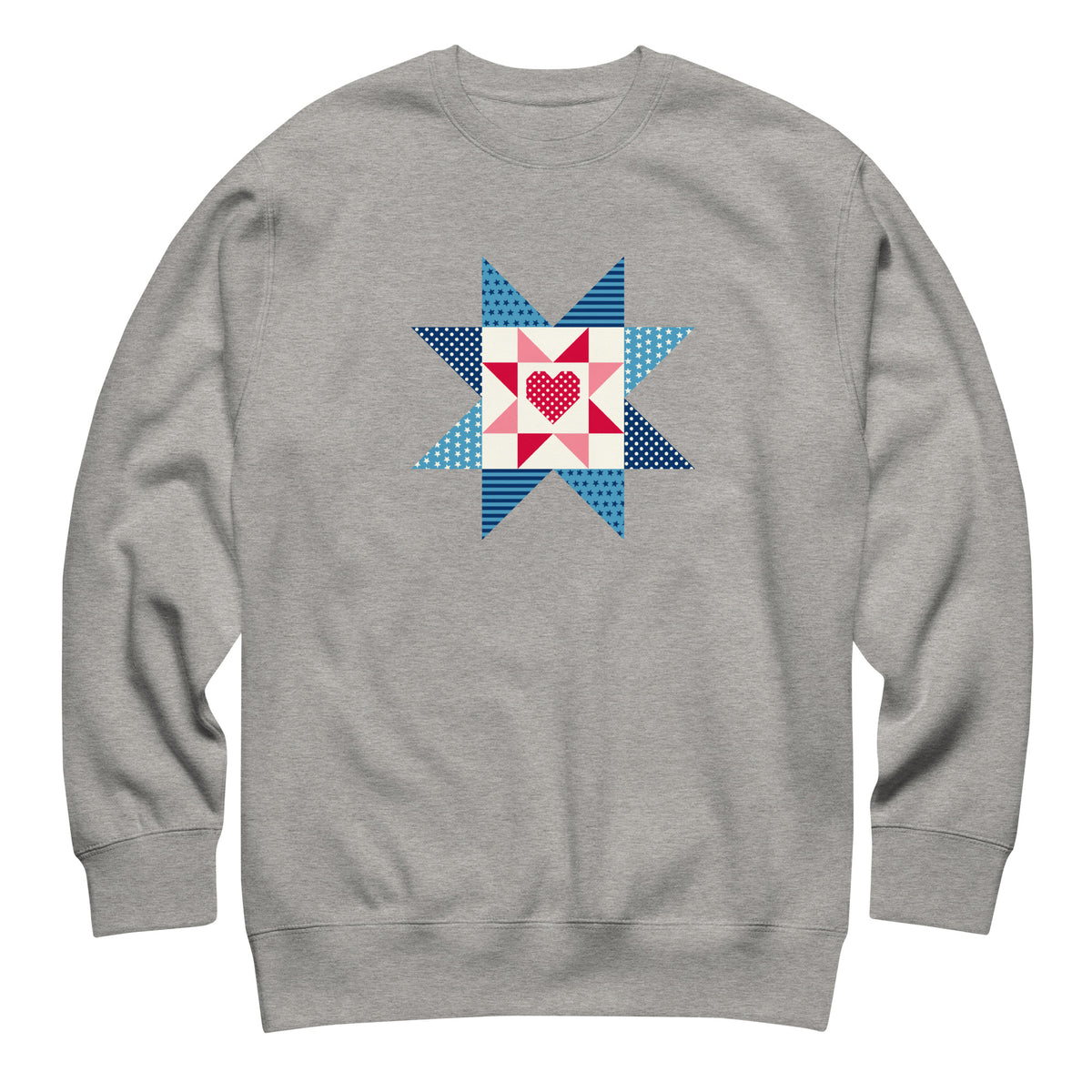 Liberty Love star quilt block with a heart in red, white and blue on a crewneck sweatshirt in athletic grey, front view – Kate Spain design for Pat Sloan