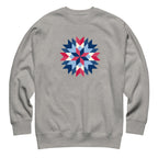 Barn Star quilt block in red, white and blue on a crewneck sweatshirt in athletic grey, front view – Kate Spain design for Pat Sloan
