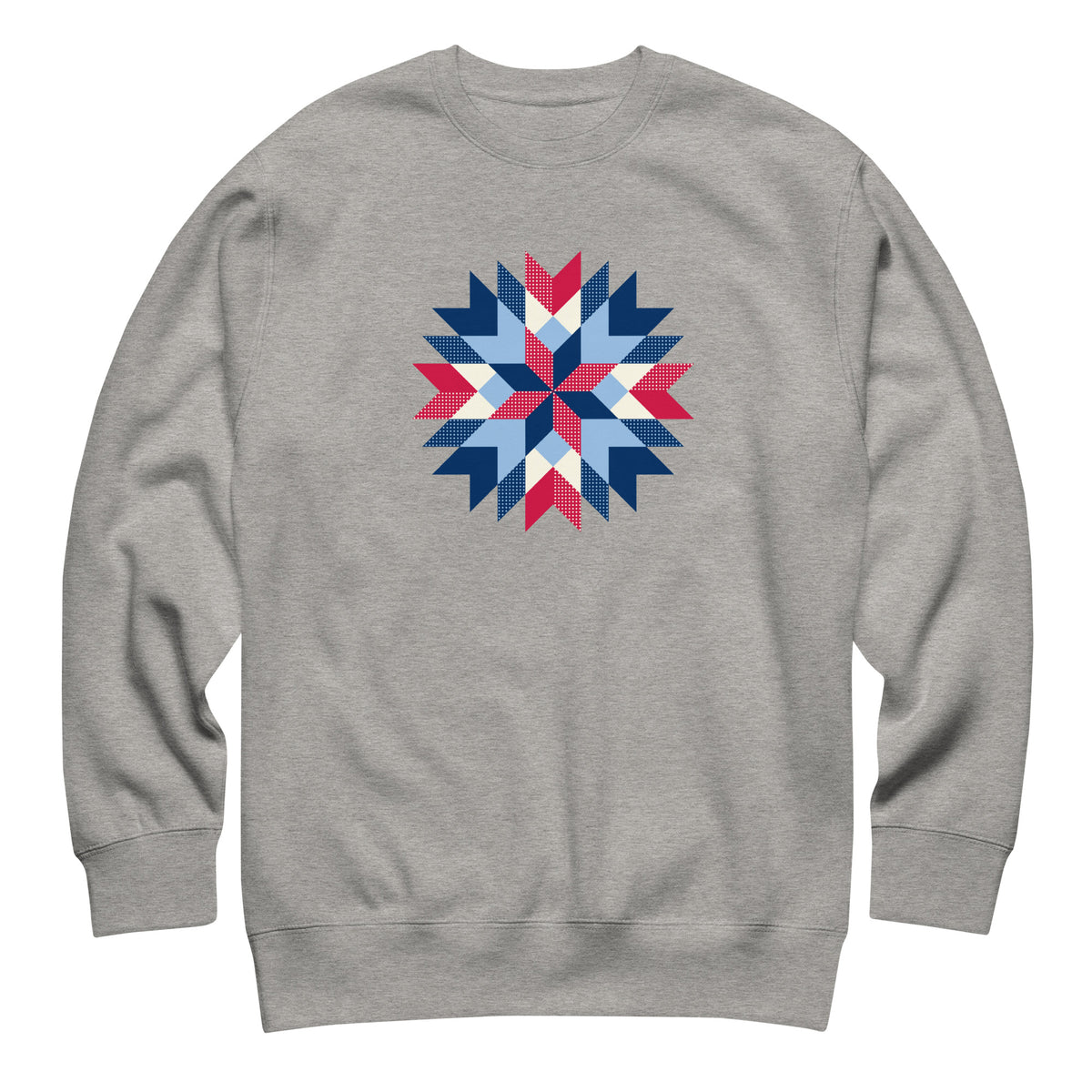 Barn Star quilt block in red, white and blue on a crewneck sweatshirt in athletic grey, front view – Kate Spain design for Pat Sloan