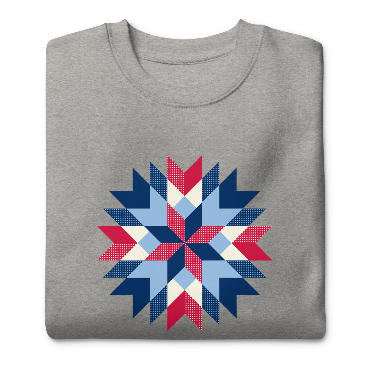 Barn Star quilt block in red, white and blue on a crewneck sweatshirt in athletic grey, folded close-up of the design – Kate Spain design for Pat Sloan
