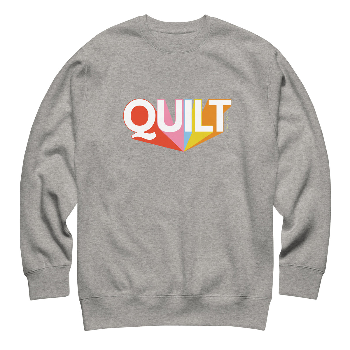 Moda QUILT logo with orange, pink, blue and yellow rays on a premium sweatshirt in athletic grey, front view – Kate Spain design