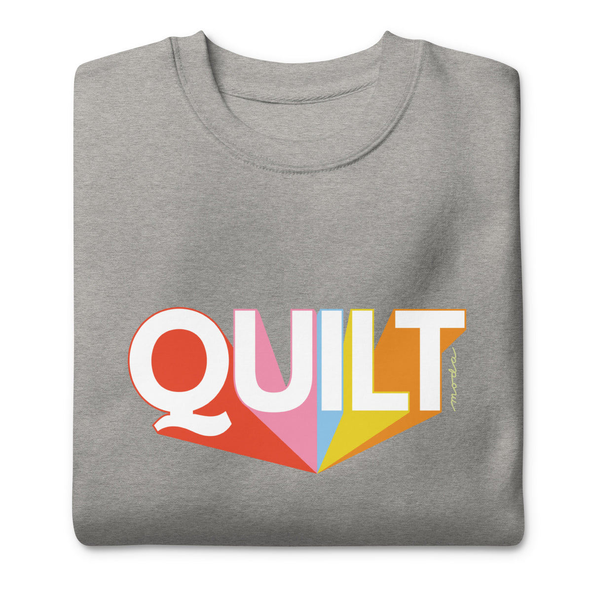 Moda QUILT logo with orange, pink, blue and yellow rays on a premium sweatshirt in athletic grey, folded close-up of the design – Kate Spain design