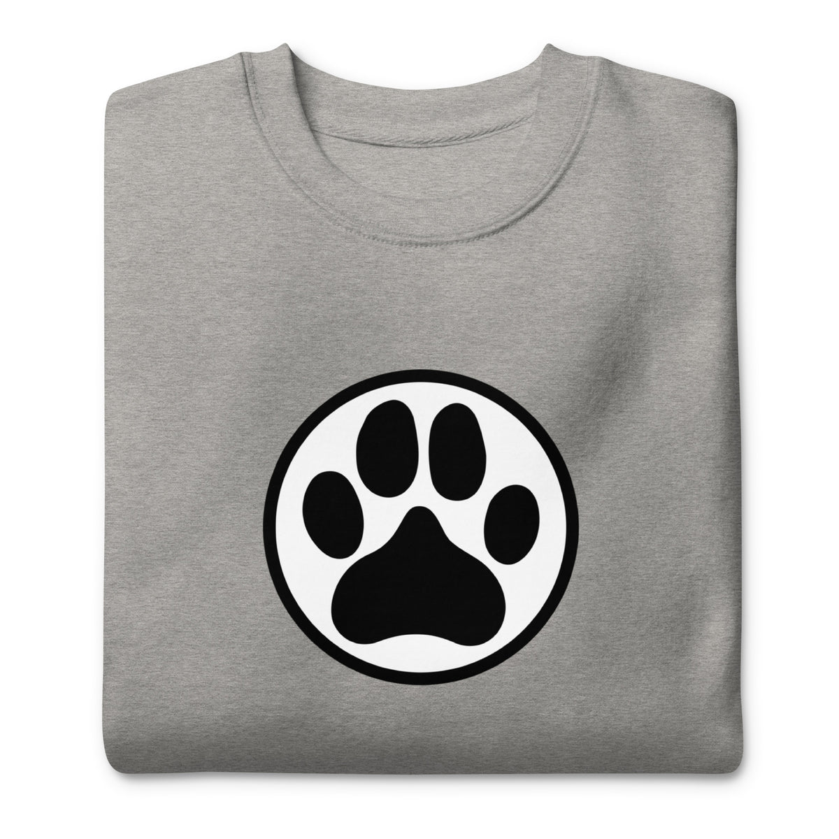Law of the Paw® dog paw print on a crewneck sweatshirt in athletic grey, folded close-up of the design – Kate Spain design