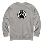 Law of the Paw® dog paw print on a crewneck sweatshirt in athletic grey, front view – Kate Spain design