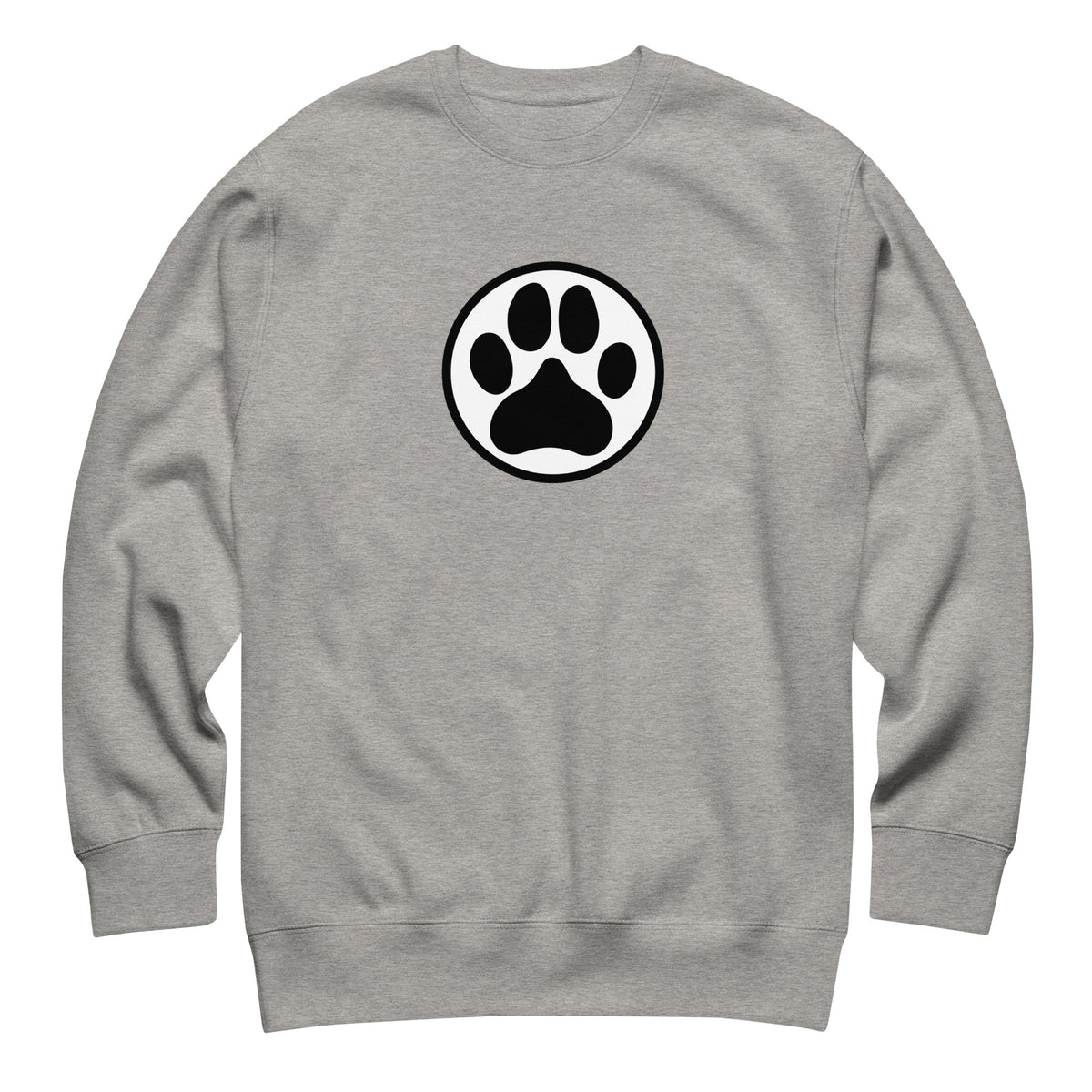 Law of the Paw® dog paw print on a crewneck sweatshirt in athletic grey, front view – Kate Spain design