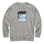 Law of the Paw® design with a cat napping on the logo on a crewneck sweatshirt in athletic grey, front view – Kate Spain design