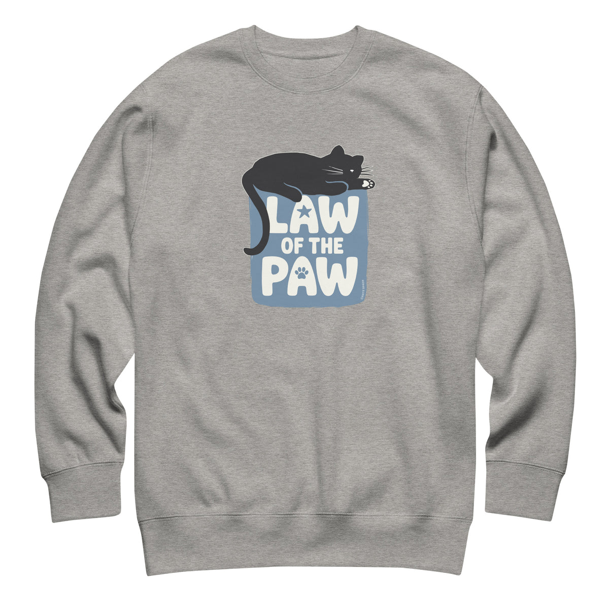 Law of the Paw® design with a cat napping on the logo on a crewneck sweatshirt in athletic grey, front view – Kate Spain design