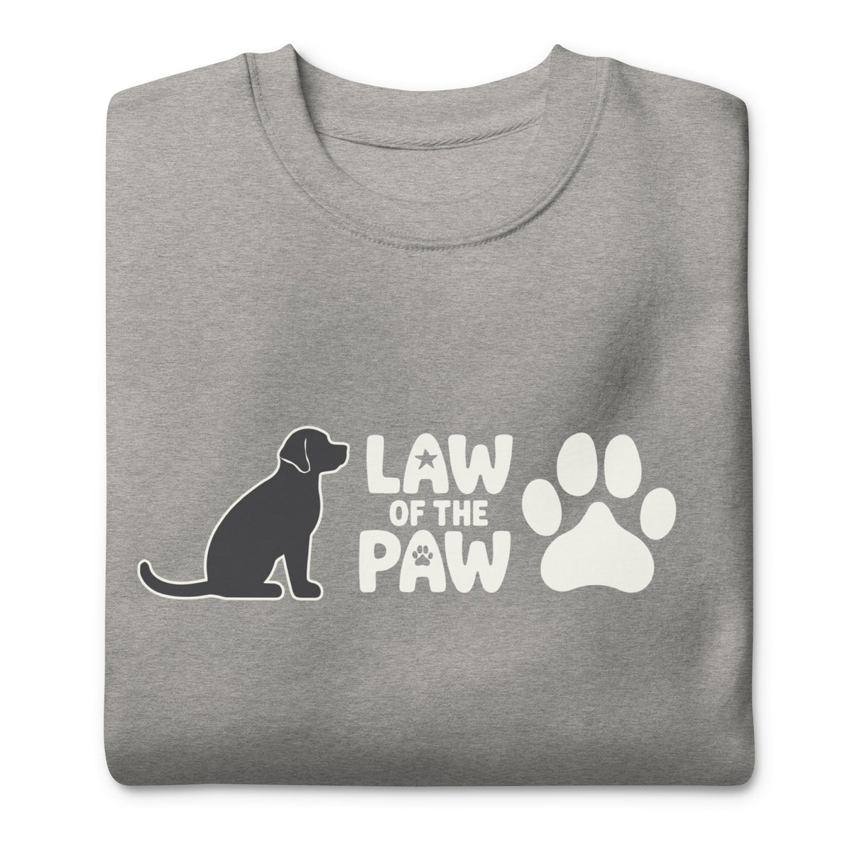 Law of the Paw® logo with seated dog and paw print on a crewneck sweatshirt in athletic grey, folded close-up of the design – Kate Spain design