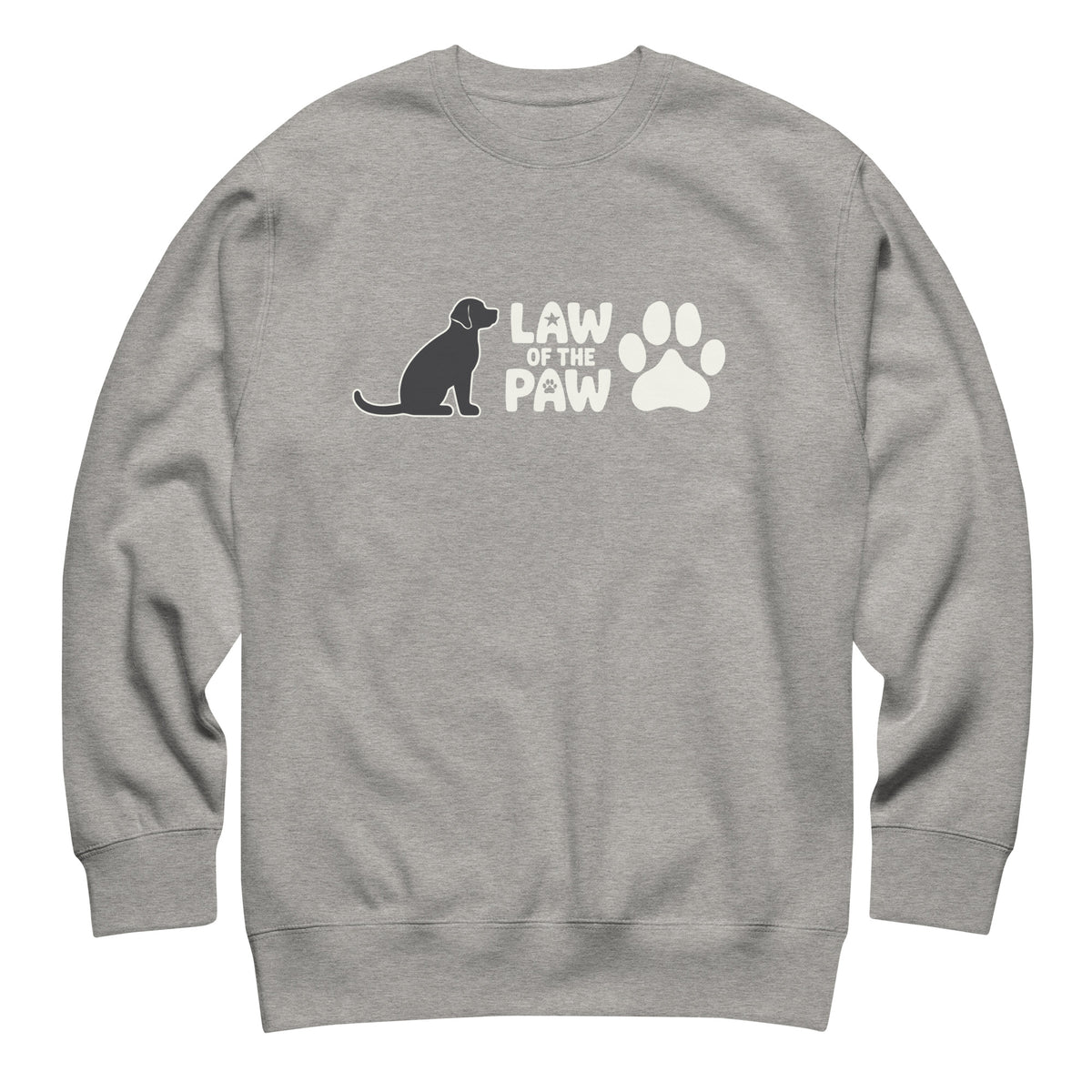 Law of the Paw® logo with seated dog and paw print on a crewneck sweatshirt in athletic grey, front view – Kate Spain design
