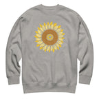 Golden sunflower with a heart center on a crewneck sweatshirt in athletic grey, front view – Sunflowers in My Heart by Kate Spain